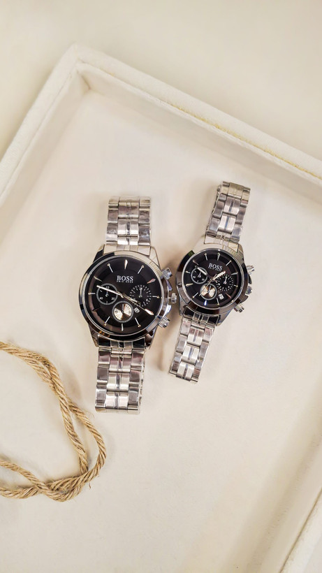 خاص ترین ساعت ست زنانه و مردانه مدل باس رنگ سیلور صفحه مشکی کد 49